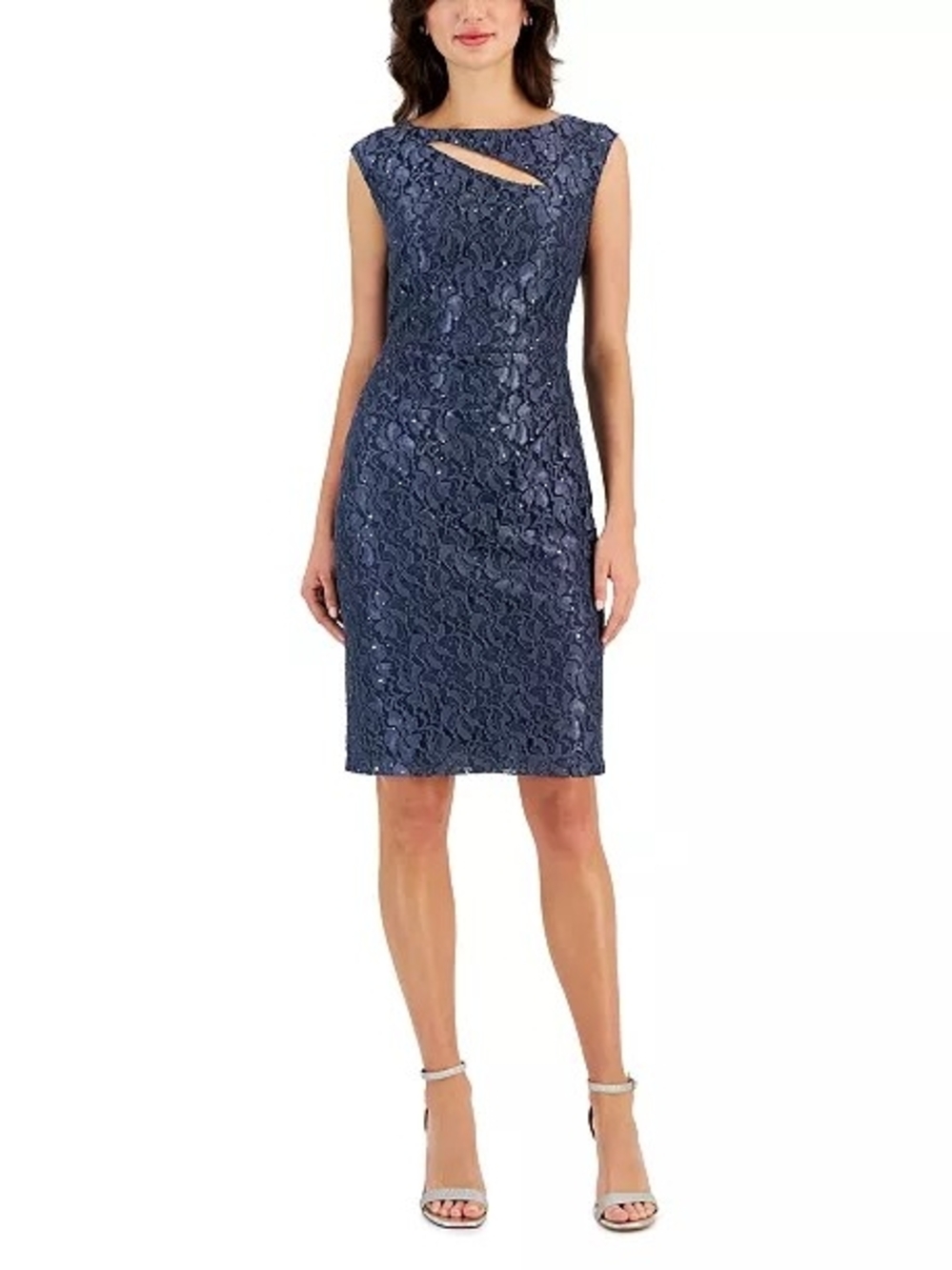 Women's Navy Lace Sheath Dress with Keyhole Neckline, Size 16